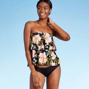 Kona Sol Green Black Floral Tiered Bandeau Tankini